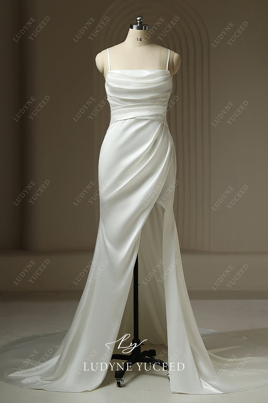 Square Neck Sleeveless Pleated Slit Sheath Court Train Wedding Dress