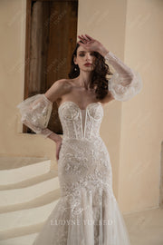 In Stock|Sparkling Plunging Sweetheart Detachable Sleeves Wedding Dress