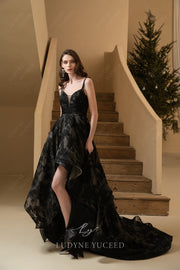 V-Neck Black High Low Organza Spaghetti Straps Wedding Dress