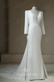 Plunging Neckline Satin Long Sleeve Backless Court Train Wedding Dress