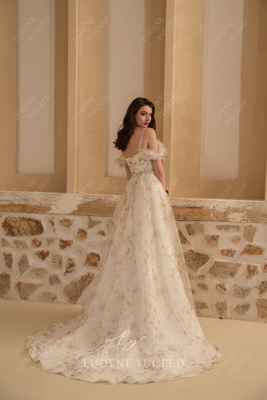 Floral Plunging V-Neckline Wedding Dress