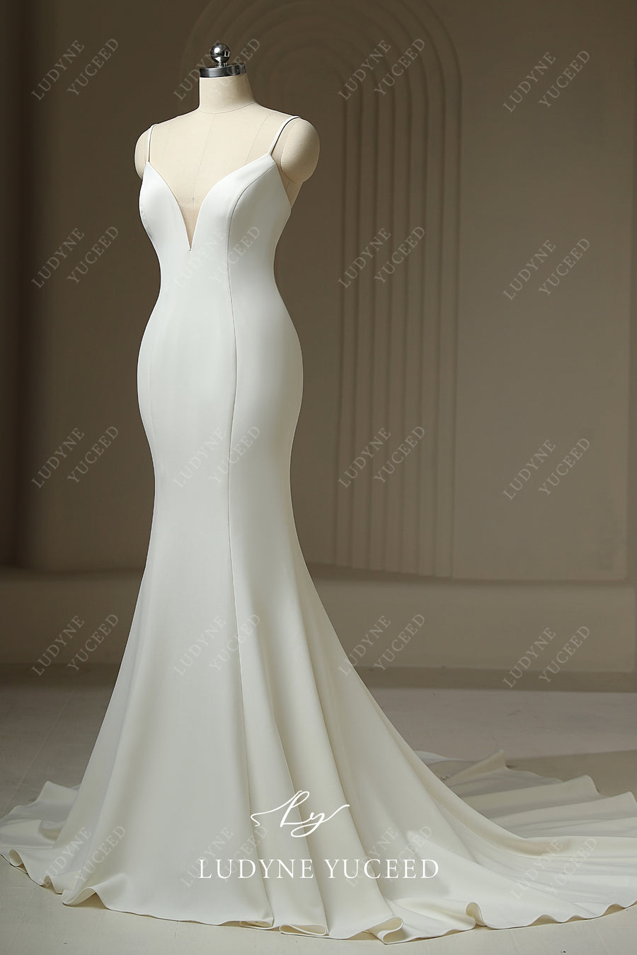 V-Neck Mermaid Sleeveless Crepe Court Train Wedding Dress