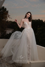 Beaded Lace Fit And Flare Sequined Glitter Tulle Wedding Dress