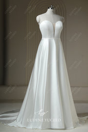 Sweetheart Plunging Neck Satin Sleeveless Court Train Wedding Dress