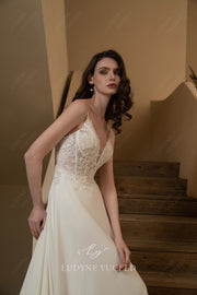 Spaghetti Straps Chiffon Cutout Lace Cathedral Train Wedding Dress