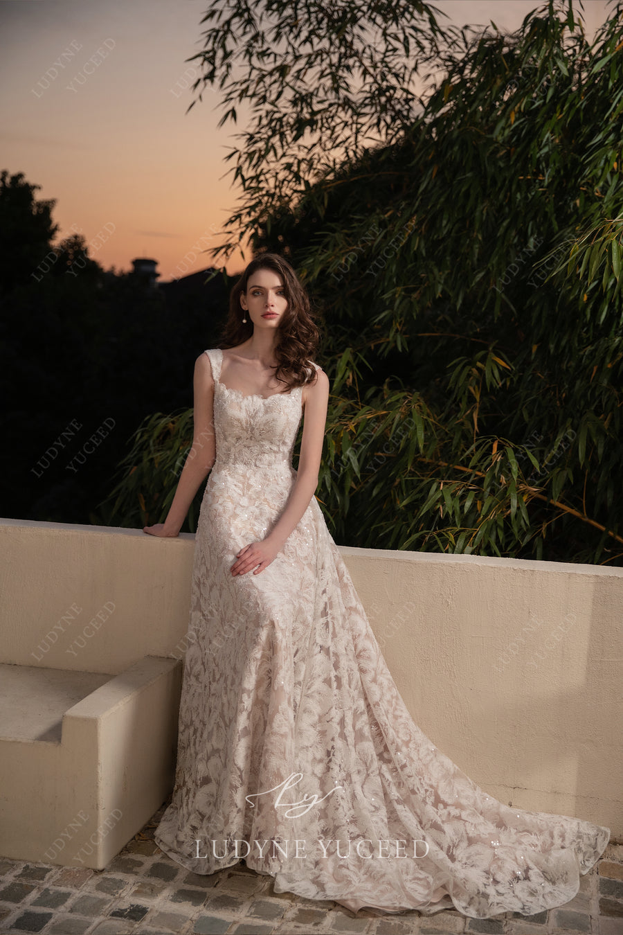 Glittering Allover Lace Square Neck Wedding Dress