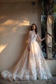 Plunging Sweetheart Floral Detachable Long Sleeves Wedding Dress