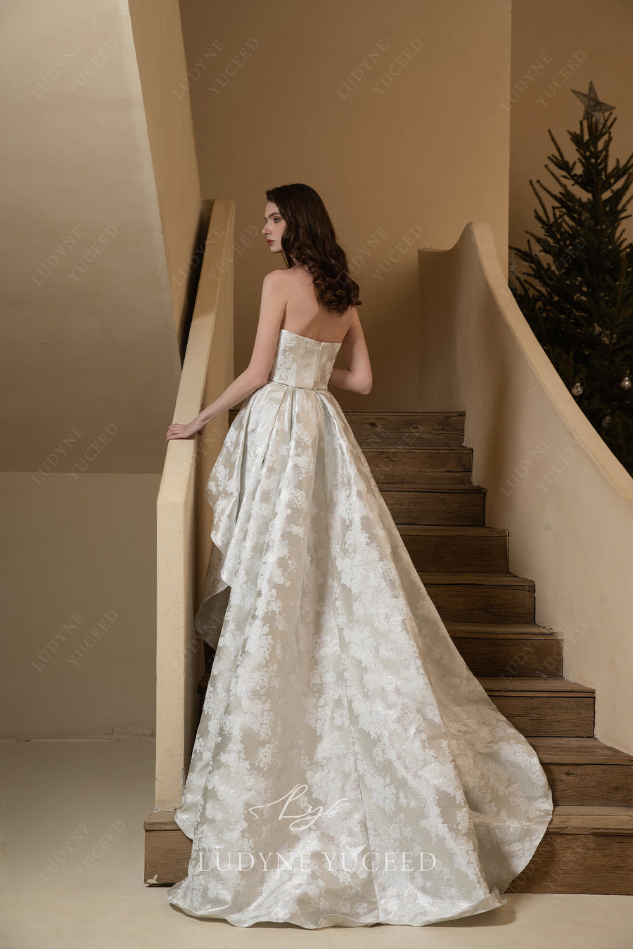 Scoop Neckline Jacquard Satin Wedding Dress With Overskirt