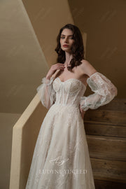 Enchanting A-Line Sweetheart Detachable Sleeves Wedding Dress