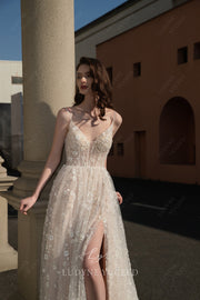 In Stock|Embellished Floral Tulle A-Line Slit Wedding Dress