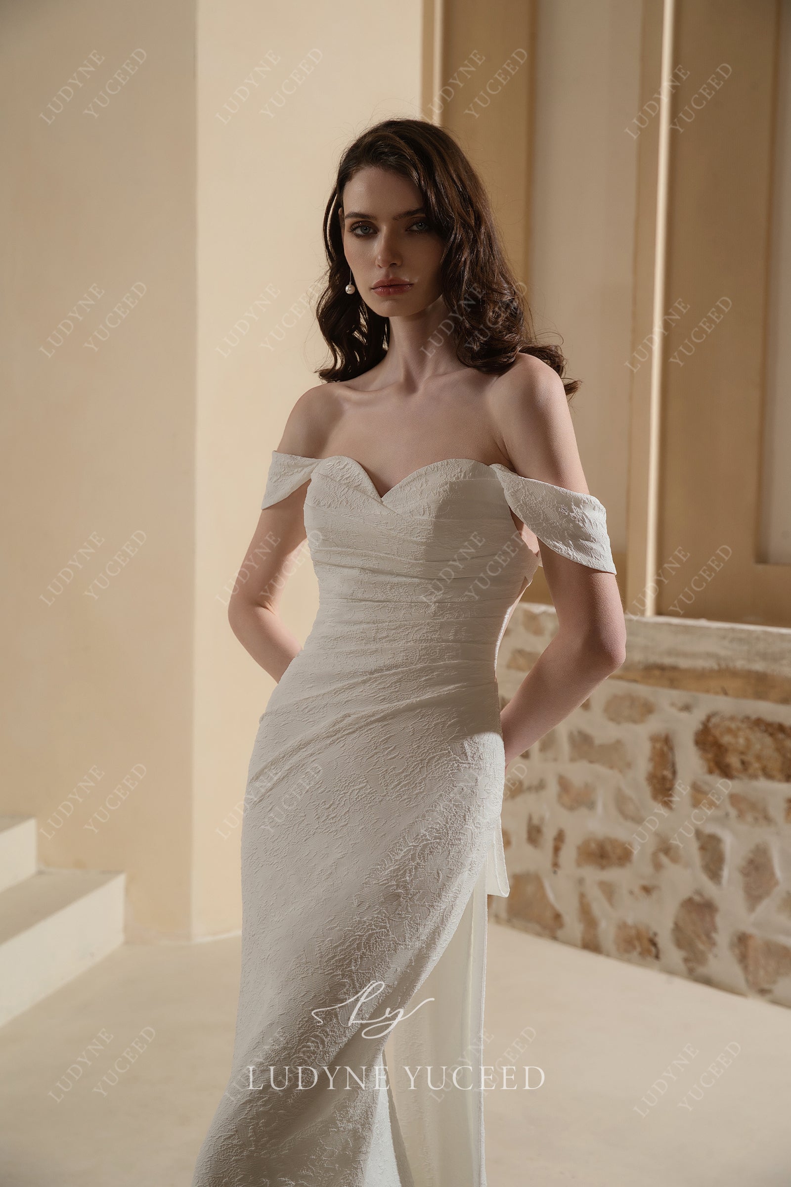 In Stock|Simple and Elegant Satin Off-The-Shoulder Wedding Gown