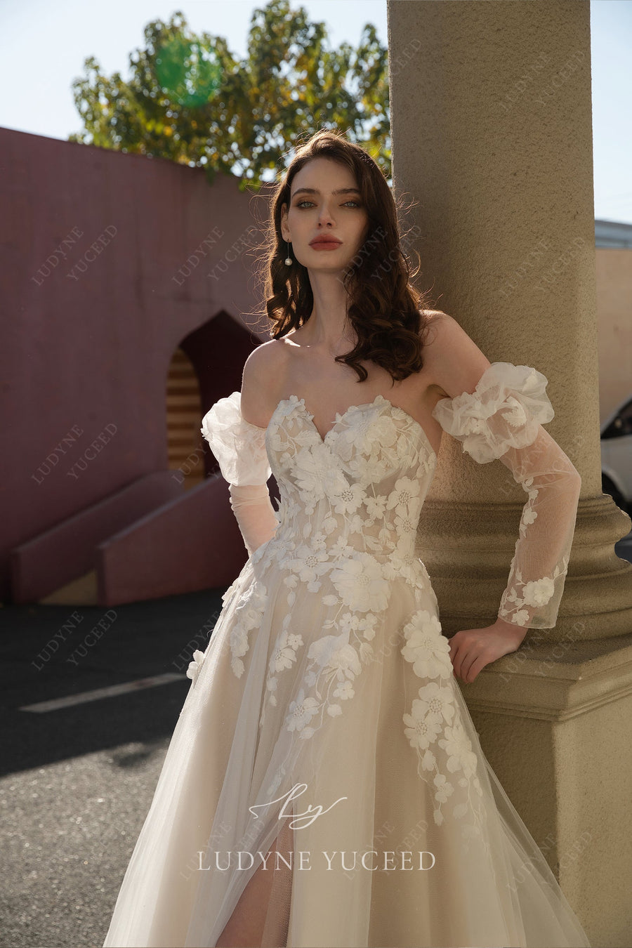 In Stock|A-Line Strapless 3D Floral Organza Detachable sleeves Wedding Dress