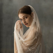 Chapel Length Bridal Veil Scattered Pearls Wedding Veil