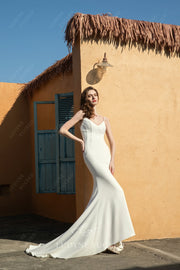 In Stock|Crepe V-Neck Sexy Exposed Boning Spaghetti Straps Wedding Dress