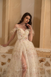 Floral Plunging V-Neckline Wedding Dress