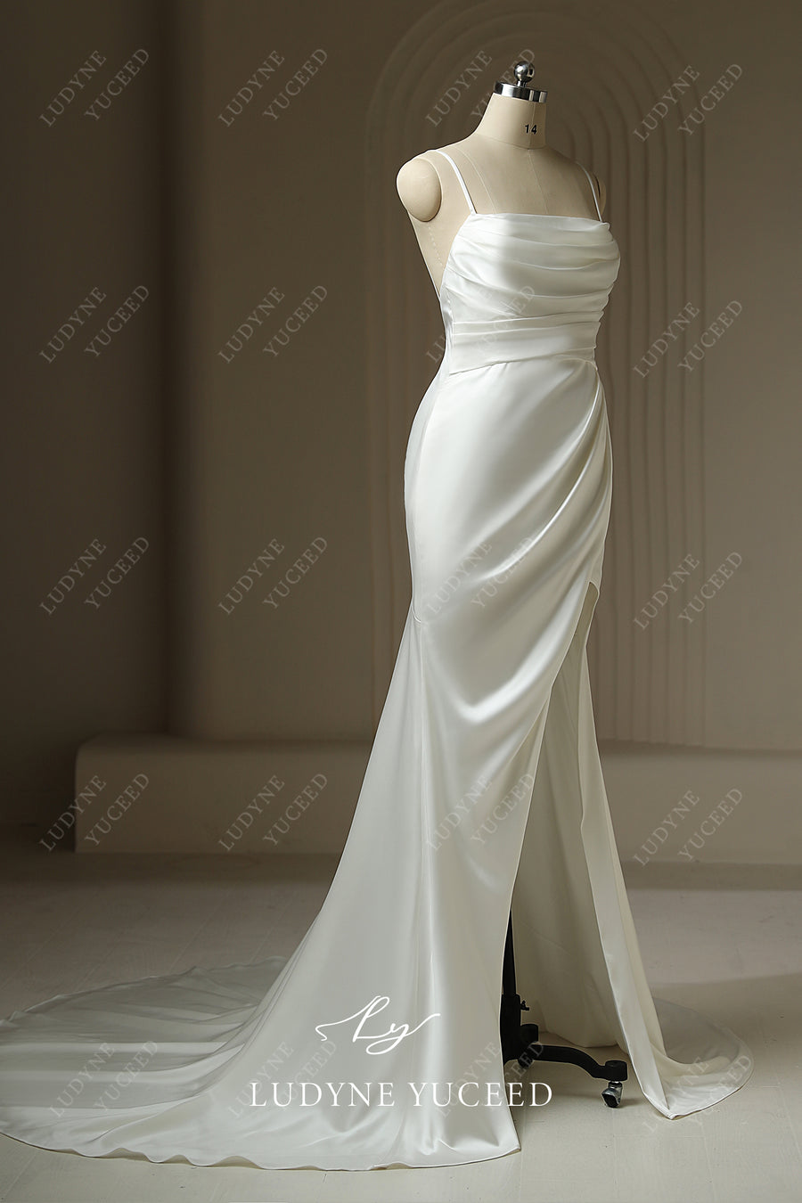 Square Neck Sleeveless Pleated Slit Sheath Court Train Wedding Dress