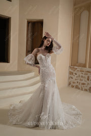 In Stock|Sparkling Plunging Sweetheart Detachable Sleeves Wedding Dress