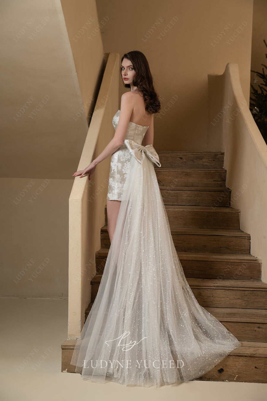 Scoop Neckline Jacquard Satin Wedding Dress With Overskirt