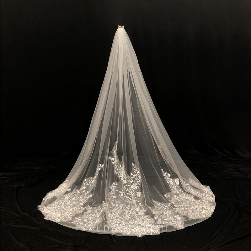 Ornate Lace Adorned Tulle Cathedral Length Single Tier Wedding Veil