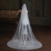 Ethereal Long Bridal Veil with White Feathers and Lace Train