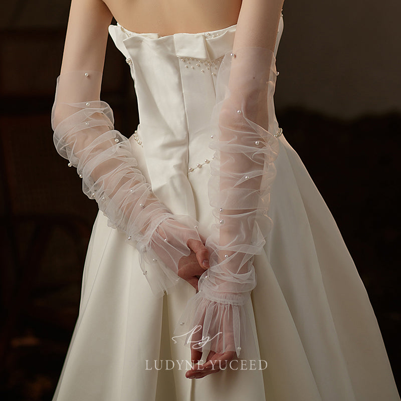 Ruched Tulle Pearls Sleeves Fingerless Gloves