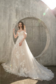 Enchanting Off The Shoulder A-Line Lace Tulle Wedding Dress