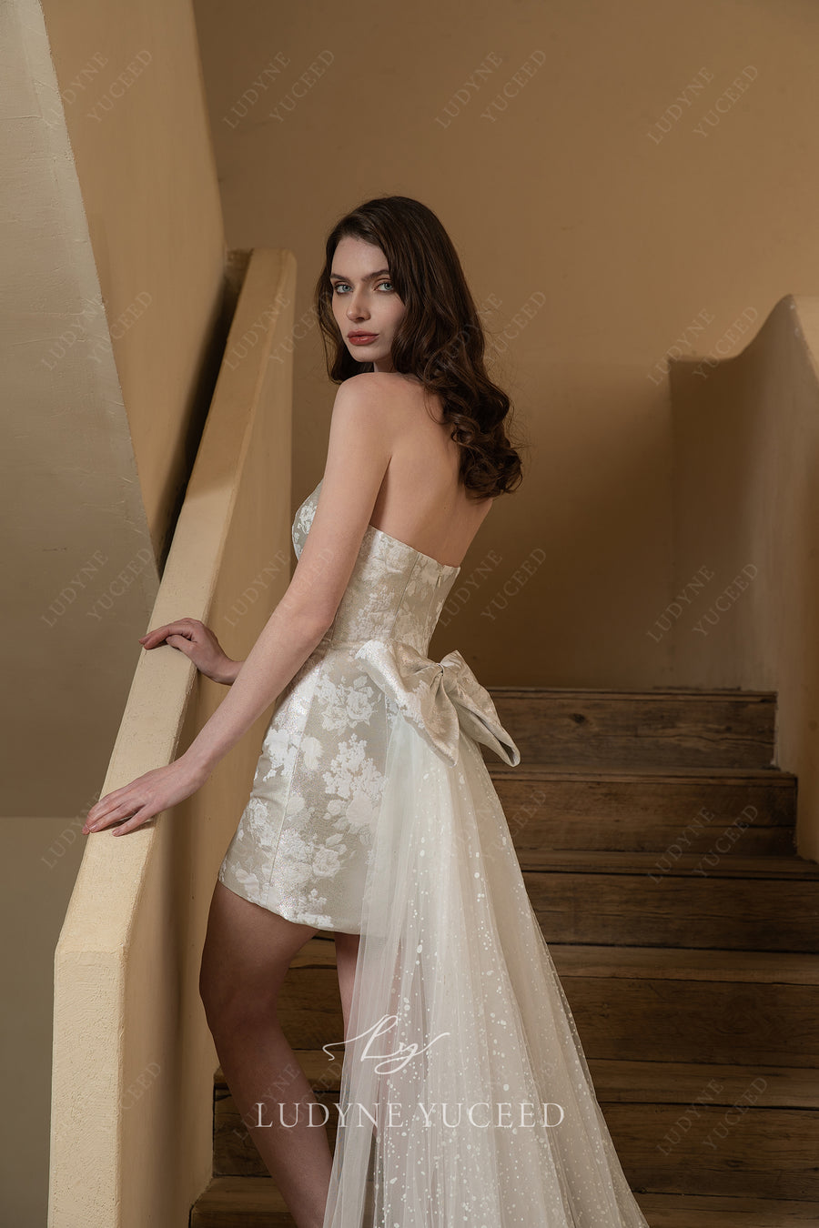 Scoop Neckline Jacquard Satin Wedding Dress With Overskirt