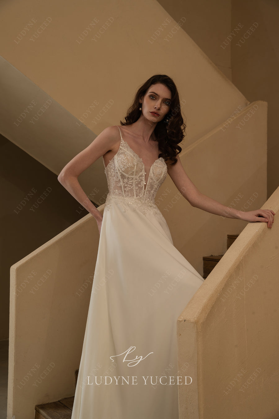 Spaghetti Straps Chiffon Cutout Lace Cathedral Train Wedding Dress