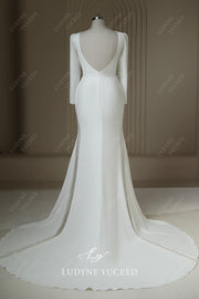 Plunging Neckline Satin Long Sleeve Backless Court Train Wedding Dress