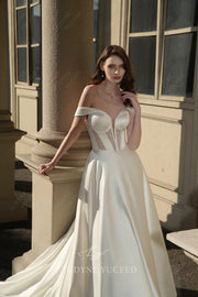 In Stock|Modern Off-the-shoulder Satin Wedding Dress with Pockets