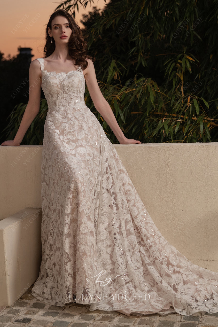 Glittering Allover Lace Square Neck Wedding Dress