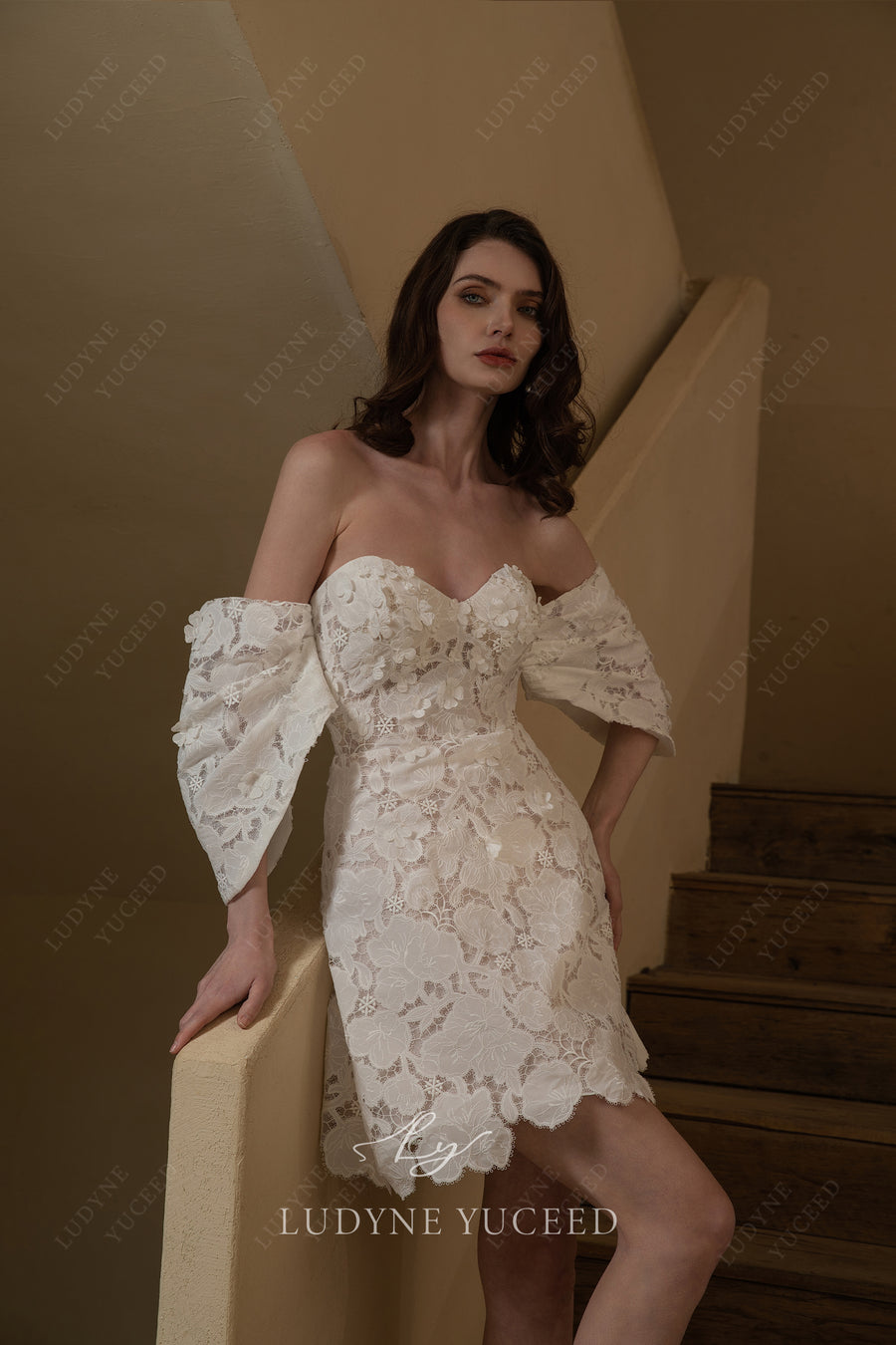 Short Lace Detachable Sleeves Wedding Dress