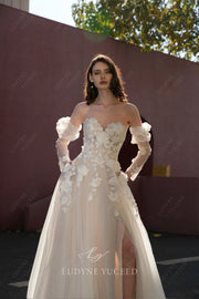 A-Line Strapless 3D Floral Organza Detachable sleeves Wedding Dress