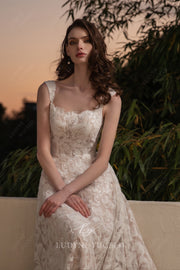 Glittering Allover Lace Square Neck Wedding Dress