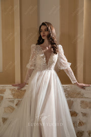 Long Sleeve A-Line Sheer Bodice Deep V-Neck Wedding Dress