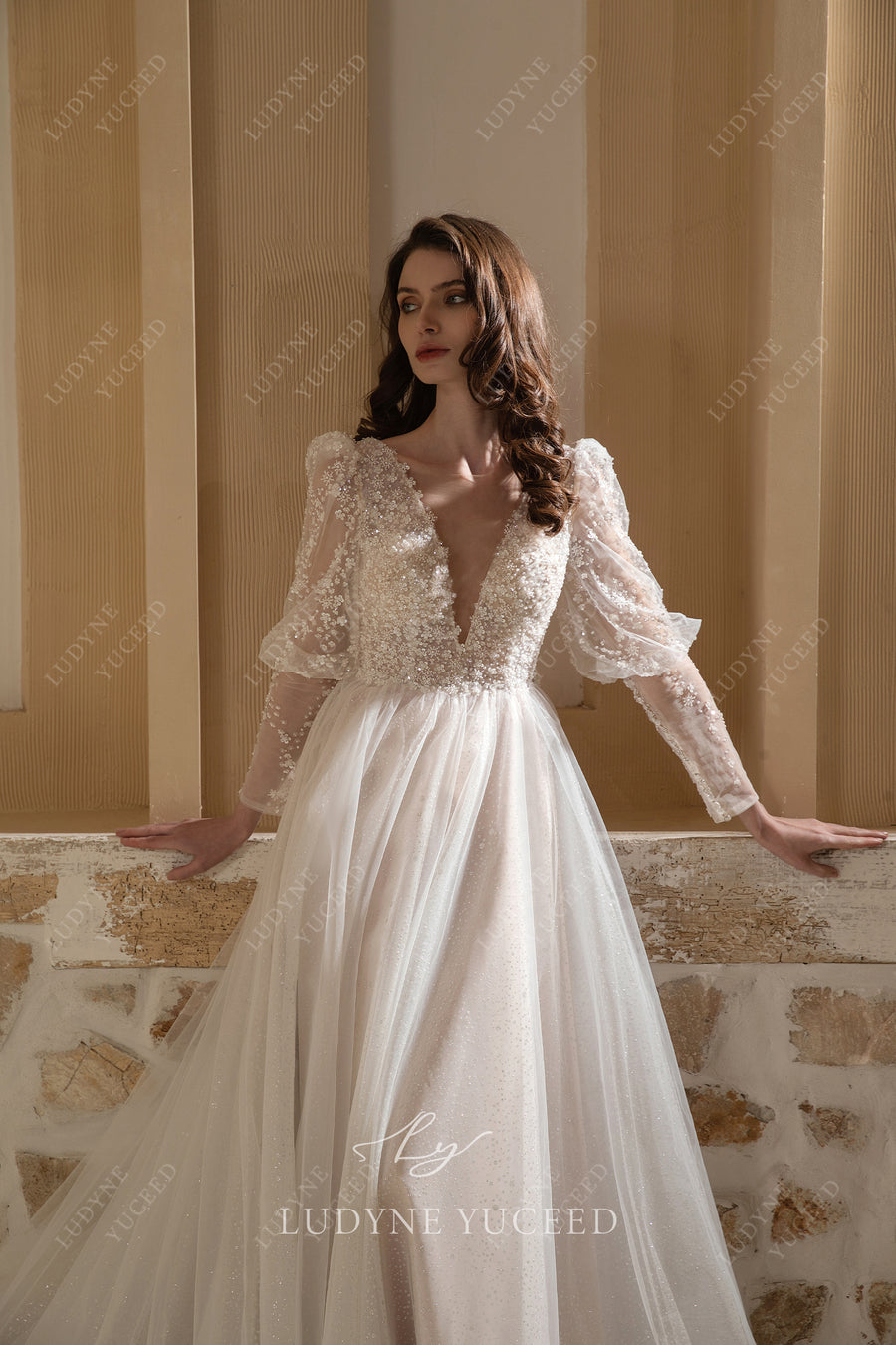 Long Sleeve A-Line Sheer Bodice Deep V-Neck Wedding Dress