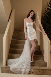 Scoop Neckline Jacquard Satin Wedding Dress With Overskirt