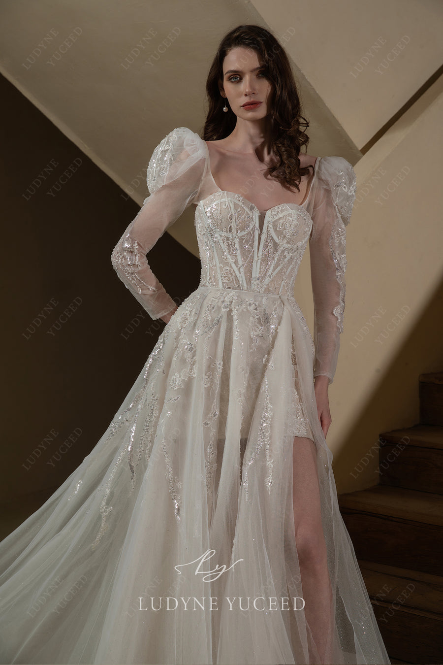 Modern Lace Romantic Wedding Dress With Overskirt.