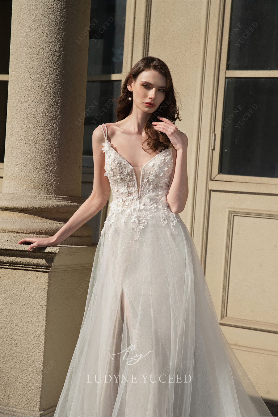 V-Neckline Floral Details Wedding Dress