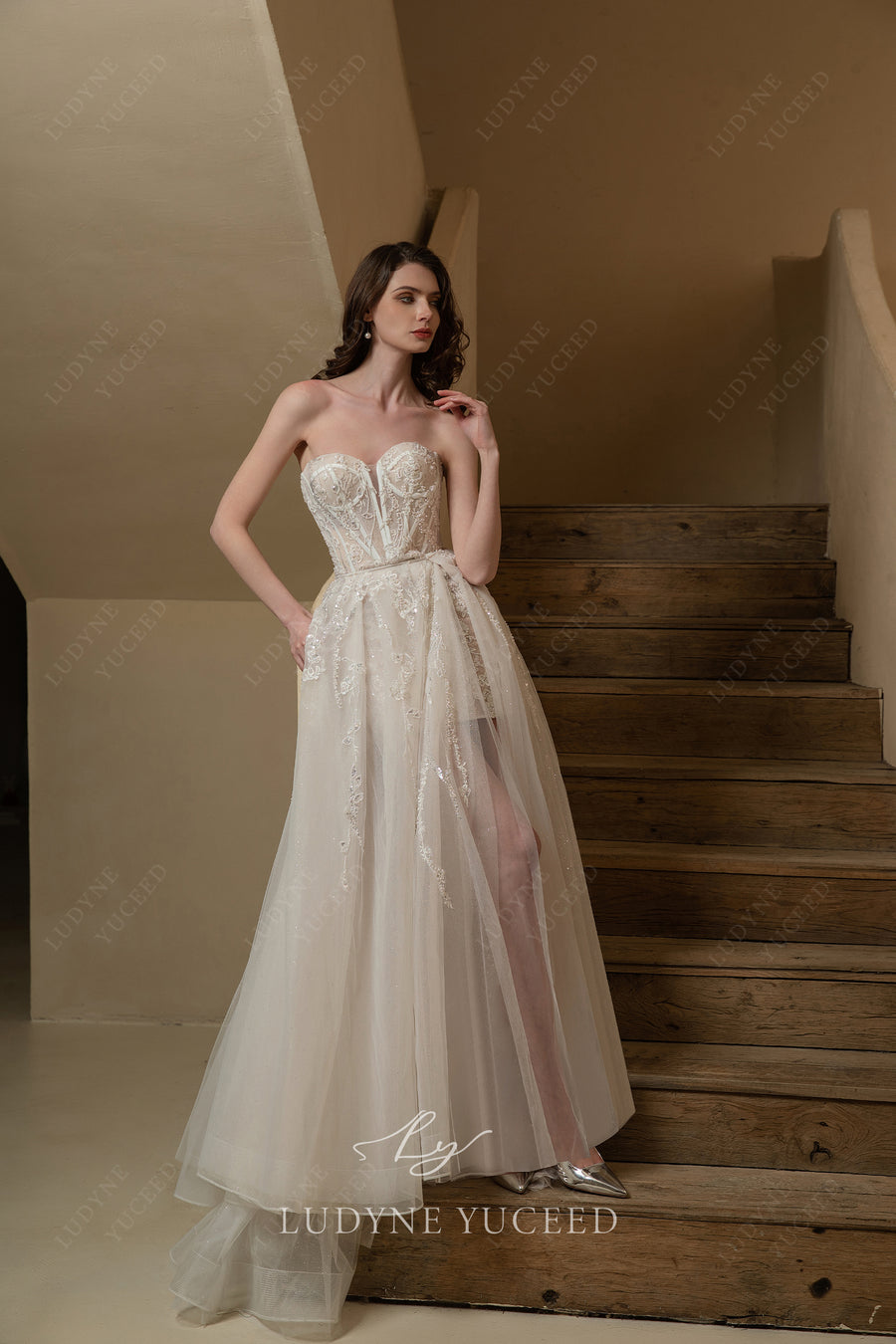 Modern Lace Romantic Wedding Dress With Overskirt.