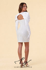 Glamorous Sweetheart Cut-Out with Puff Sleeve Sequin Mini Wedding Dress