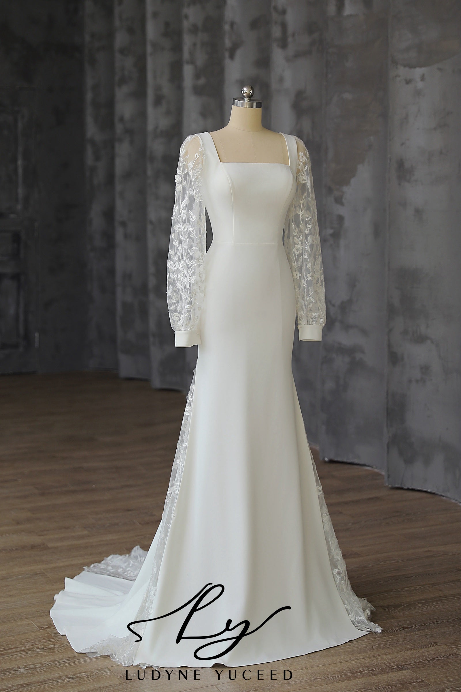 Classic Square Neck Mermaid Wedding Dress with Embroidered Long Sleeve Ludyne Yuceed Classic Square Neck Mermaid Wedding Dress with Embroidered Long Sleeve Ludyne Yuceed