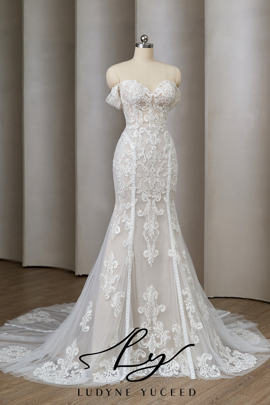 off the shoulder fit and flare wedding dress Exquisite Off