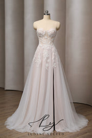 Vestido de novia de organza floral 3D sin tirantes con mangas desmontables