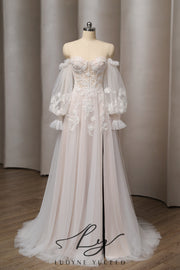 Vestido de novia de organza floral 3D sin tirantes con mangas desmontables