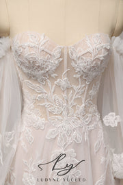 Vestido de novia de organza floral 3D sin tirantes con mangas desmontables