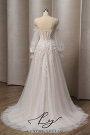 Vestido de novia de organza floral 3D sin tirantes con mangas desmontables