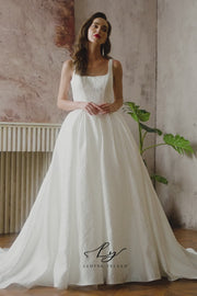 Luxury Square Neck Jacquard Satin Ball Gown Wedding Dress