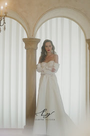 Off - Shoulder Floral Lace Wedding Dress With Voluminous Sleeves