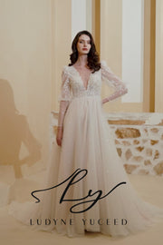 Long Sleeve A-Line Sheer Bodice Deep V-Neck Wedding Dress